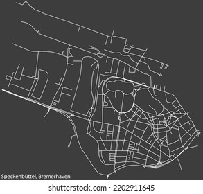 Detailed negative navigation white lines urban street roads map of the SPECKENBÜTTEL QUARTER of the German regional capital city of Bremerhaven, Germany on dark gray background