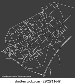 Detailed negative navigation white lines urban street roads map of the LEHERHEIDE-WEST QUARTER of the German regional capital city of Bremerhaven, Germany on dark gray background