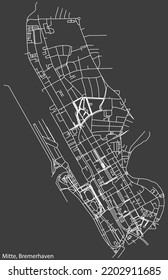 Mapa detallado negativo de las líneas blancas de navegación en las calles urbanas del DISTRITO MITTE de la capital regional alemana de Bremerhaven, Alemania sobre fondo gris oscuro