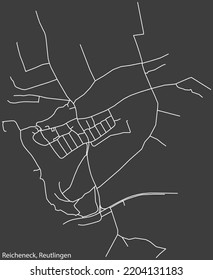 Detailed negative navigation white lines urban street roads map of the REICHENECK QUARTER of the German regional capital city of Reutlingen, Germany on dark gray background