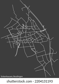 Detailed negative navigation white lines urban street roads map of the SICKENHAUSEN QUARTER of the German regional capital city of Reutlingen, Germany on dark gray background