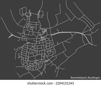 Detailed negative navigation white lines urban street roads map of the ROMMELSBACH QUARTER of the German regional capital city of Reutlingen, Germany on dark gray background