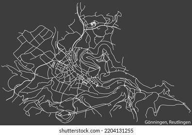 Detailed negative navigation white lines urban street roads map of the GÖNNINGEN QUARTER of the German regional capital city of Reutlingen, Germany on dark gray background