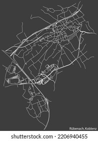 Detailed negative navigation white lines urban street roads map of the RÜBENACH QUARTER of the German regional capital city of Koblenz, Germany on dark gray background