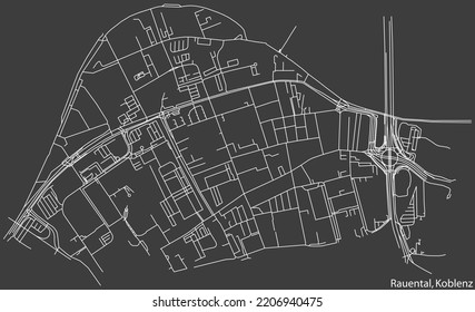 Detailed negative navigation white lines urban street roads map of the RAUENTAL QUARTER of the German regional capital city of Koblenz, Germany on dark gray background