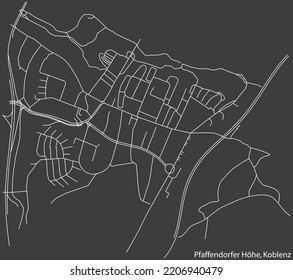 Detailed negative navigation white lines urban street roads map of the PFAFFENDORFER HÖHE QUARTER of the German regional capital city of Koblenz, Germany on dark gray background