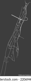 Detailed negative navigation white lines urban street roads map of the PFAFFENDORF QUARTER of the German regional capital city of Koblenz, Germany on dark gray background