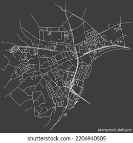 Detailed negative navigation white lines urban street roads map of the METTERNICH QUARTER of the German regional capital city of Koblenz, Germany on dark gray background