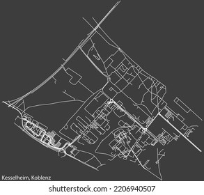 Detailed negative navigation white lines urban street roads map of the KESSELHEIM QUARTER of the German regional capital city of Koblenz, Germany on dark gray background