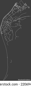 Detailed negative navigation white lines urban street roads map of the MOSELWEISS QUARTER of the German regional capital city of Koblenz, Germany on dark gray background