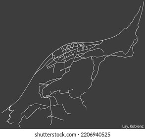 Detailed negative navigation white lines urban street roads map of the LAY QUARTER of the German regional capital city of Koblenz, Germany on dark gray background