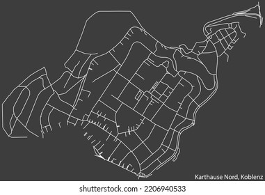 Detailed negative navigation white lines urban street roads map of the KARTHAUSE NORD QUARTER of the German regional capital city of Koblenz, Germany on dark gray background