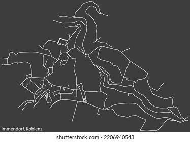 Detailed negative navigation white lines urban street roads map of the IMMENDORF QUARTER of the German regional capital city of Koblenz, Germany on dark gray background