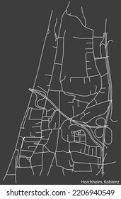 Detaillierte Karte mit Negativnavigationslinien für Stadtstraßen des HORCHHEIM QUARTER der deutschen Landeshauptstadt Koblenz auf dunkelgrauem Hintergrund