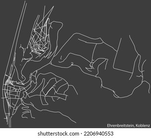 Detailed negative navigation white lines urban street roads map of the EHRENBREITSTEIN QUARTER of the German regional capital city of Koblenz, Germany on dark gray background