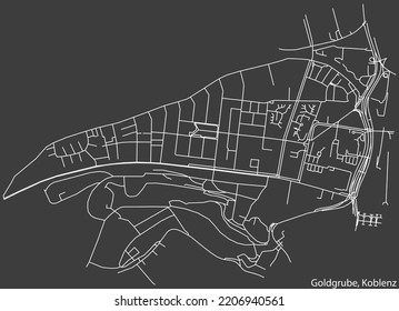 Detailed negative navigation white lines urban street roads map of the GOLDGRUBE QUARTER of the German regional capital city of Koblenz, Germany on dark gray background