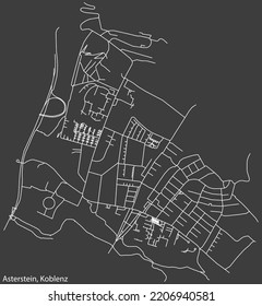 Detailed negative navigation white lines urban street roads map of the ASTERSTEIN QUARTER of the German regional capital city of Koblenz, Germany on dark gray background
