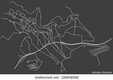 Mapa detallado negativo de líneas blancas de navegación en las calles urbanas del TRIMESTRE ARZHEIM de la capital regional alemana de Koblenz, Alemania sobre fondo gris oscuro