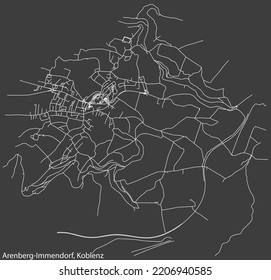 Detailed negative navigation white lines urban street roads map of the ARENBERG-IMMENDORF QUARTER of the German regional capital city of Koblenz, Germany on dark gray background