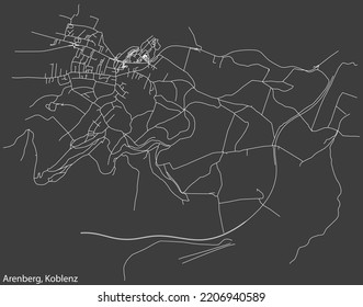 Detailed negative navigation white lines urban street roads map of the ARENBERG QUARTER of the German regional capital city of Koblenz, Germany on dark gray background