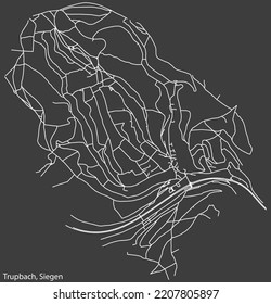 Detailed negative navigation white lines urban street roads map of the TRUPBACH QUARTER of the German regional capital city of Siegen, Germany on dark gray background
