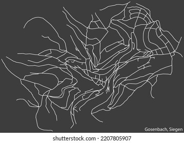 Detailed negative navigation white lines urban street roads map of the GOSENBACH QUARTER of the German regional capital city of Siegen, Germany on dark gray background