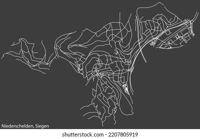 Mapa detallado negativo de líneas blancas de navegación en las calles urbanas del barrio NIEDERSCHELDEN de la capital regional alemana de Siegen, Alemania sobre fondo gris oscuro