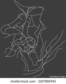 Detailed negative navigation white lines urban street roads map of the VOLNSBERG QUARTER of the German regional capital city of Siegen, Germany on dark gray background
