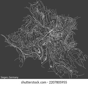 Detailed negative navigation white lines urban street roads map of the ALT-SIEGEN of the German regional capital city of Siegen, Germany on dark gray background