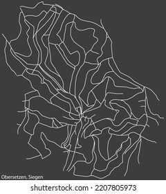 Detailed negative navigation white lines urban street roads map of the OBERSETZEN QUARTER of the German regional capital city of Siegen, Germany on dark gray background