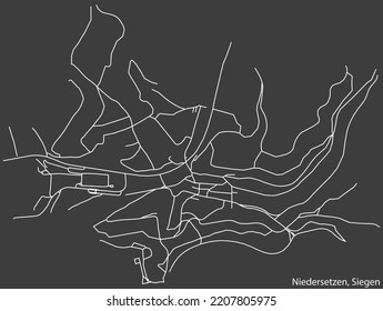 Detailed negative navigation white lines urban street roads map of the NIEDERSETZEN QUARTER of the German regional capital city of Siegen, Germany on dark gray background