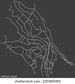 Detailed negative navigation white lines urban street roads map of the SOHLBACH QUARTER of the German regional capital city of Siegen, Germany on dark gray background