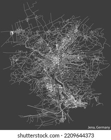Detailed negative navigation white lines urban street roads map of the German regional capital city of JENA, GERMANY on dark gray background