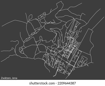 Detailed negative navigation white lines urban street roads map of the ZWÄTZEN QUARTER of the German regional capital city of Jena, Germany on dark gray background