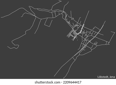 Detailed negative navigation white lines urban street roads map of the LÖBSTEDT QUARTER of the German regional capital city of Jena, Germany on dark gray background