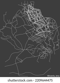 Detailed negative navigation white lines urban street roads map of the WINZERLA QUARTER of the German regional capital city of Jena, Germany on dark gray background