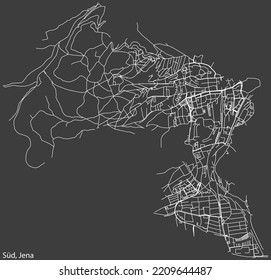 Detailed negative navigation white lines urban street roads map of the SÜD QUARTER of the German regional capital city of Jena, Germany on dark gray background