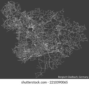 Detailed negative navigation white lines urban street roads map of the German regional capital city of BERGISCH GLADBACH, GERMANY on dark gray background