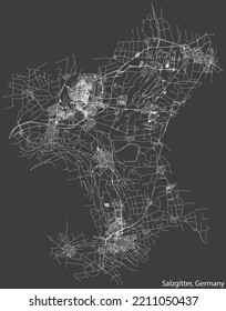 Detailed negative navigation white lines urban street roads map of the German regional capital city of SALZGITTER, GERMANY on dark gray background