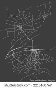 Mapa detallado negativo de líneas blancas de navegación en las calles urbanas del DISTRITO ORTSCHAFT NORDWEST de la capital regional alemana Salzgitter, Alemania sobre fondo gris oscuro