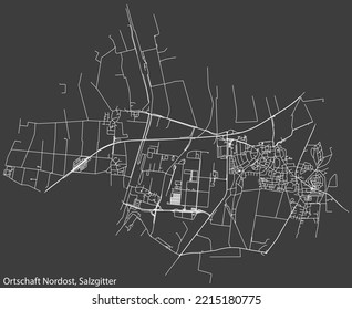 Detailed negative navigation white lines urban street roads map of the ORTSCHAFT NORDOST DISTRICT of the German regional capital city of Salzgitter, Germany on dark gray background