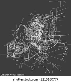 Detailed negative navigation white lines urban street roads map of the ORTSCHAFT NORD DISTRICT of the German regional capital city of Salzgitter, Germany on dark gray background