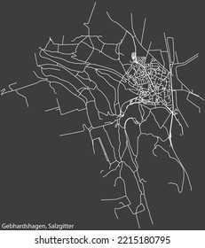 Mapa detallado negativo de líneas blancas de navegación en las calles urbanas del TRIMESTRE GEBHARDSHAGEN de la capital regional alemana Salzgitter, Alemania sobre fondo gris oscuro