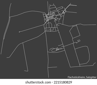 Detailed negative navigation white lines urban street roads map of the FLACHSTÖCKHEIM QUARTER of the German regional capital city of Salzgitter, Germany on dark gray background