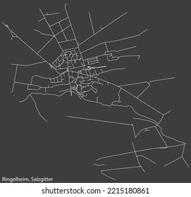 Detailed negative navigation white lines urban street roads map of the RINGELHEIM QUARTER of the German regional capital city of Salzgitter, Germany on dark gray background