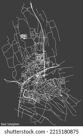 Mapa detallado negativo de líneas blancas de navegación en las calles urbanas del TRIMESTRE SALZGITTER-BAD de la capital regional alemana Salzgitter, Alemania sobre fondo gris oscuro
