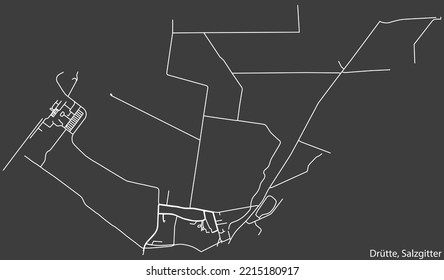 Mapa detallado negativo de las líneas blancas de navegación en las calles urbanas del TRIMESTRE DRÜTTE de la capital regional alemana de Salzgitter, Alemania sobre fondo gris oscuro