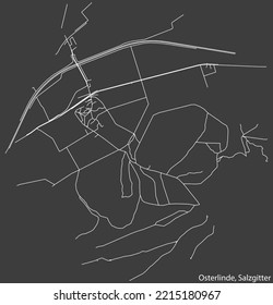 Detailed negative navigation white lines urban street roads map of the OSTERLINDE QUARTER of the German regional capital city of Salzgitter, Germany on dark gray background