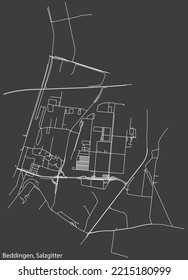 Detailed negative navigation white lines urban street roads map of the BEDDINGEN QUARTER of the German regional capital city of Salzgitter, Germany on dark gray background