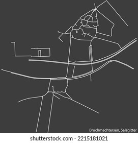 Detailed negative navigation white lines urban street roads map of the BRUCHMACHTERSEN QUARTER of the German regional capital city of Salzgitter, Germany on dark gray background